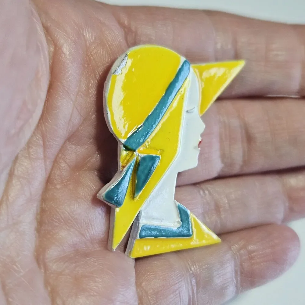 Vintage Colorful Yellow Teal Enamel Woman Silhouette Brooch